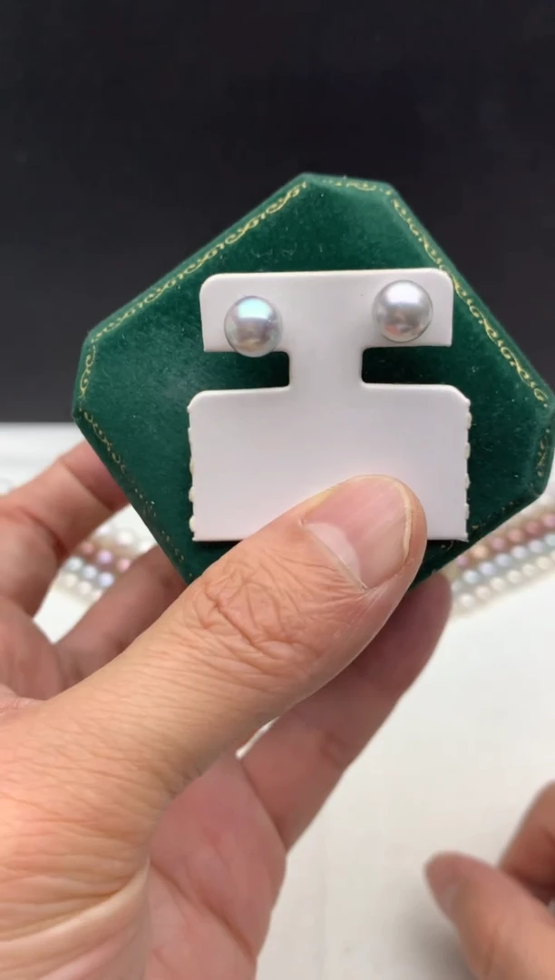 银S925镶嵌ff海水珍珠akoya灰珠耳饰7~8mm