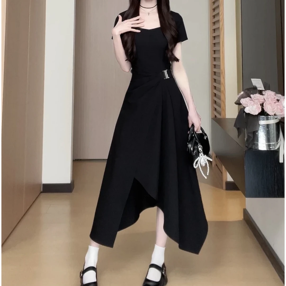 夏季新款褶皱一片式收腰显瘦中长裙方领斜纹时尚小众恋夏风连衣裙