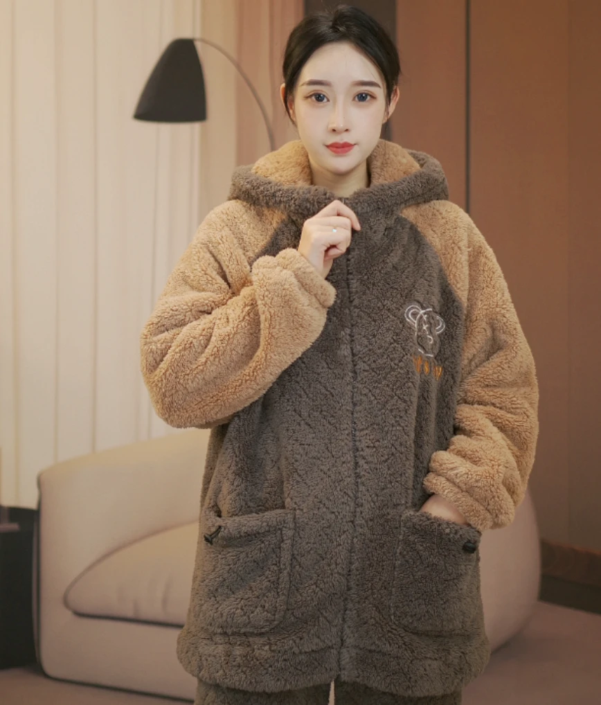 秋冬男款睡衣套装可爱小熊绣花拉链开衫宽松加厚保暖可外穿家居服