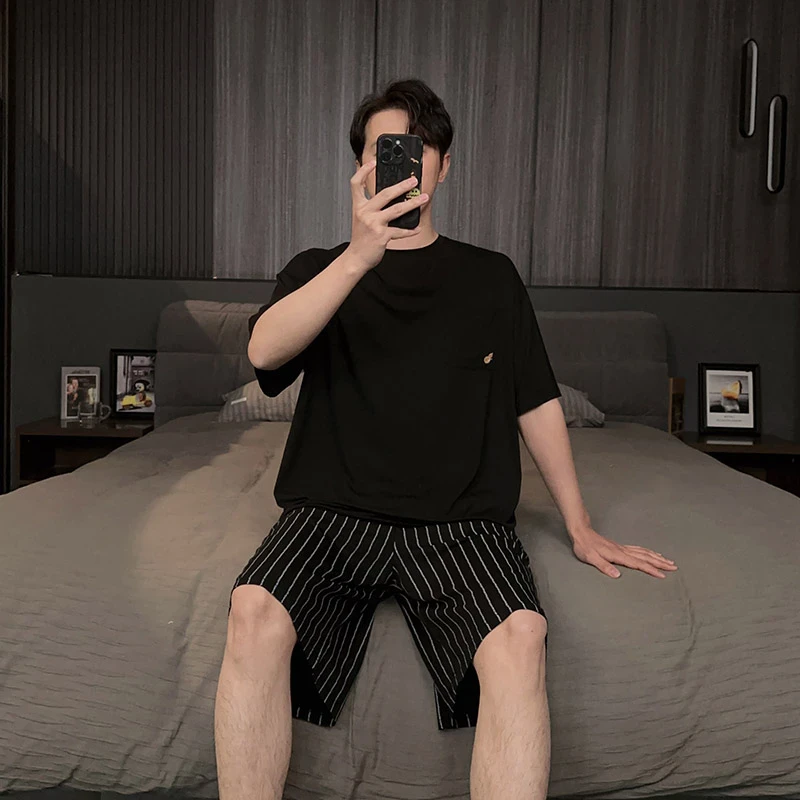 夏天必备莫代尔睡衣男清爽舒眠透气短袖短裤可外条纹穿家居服套装