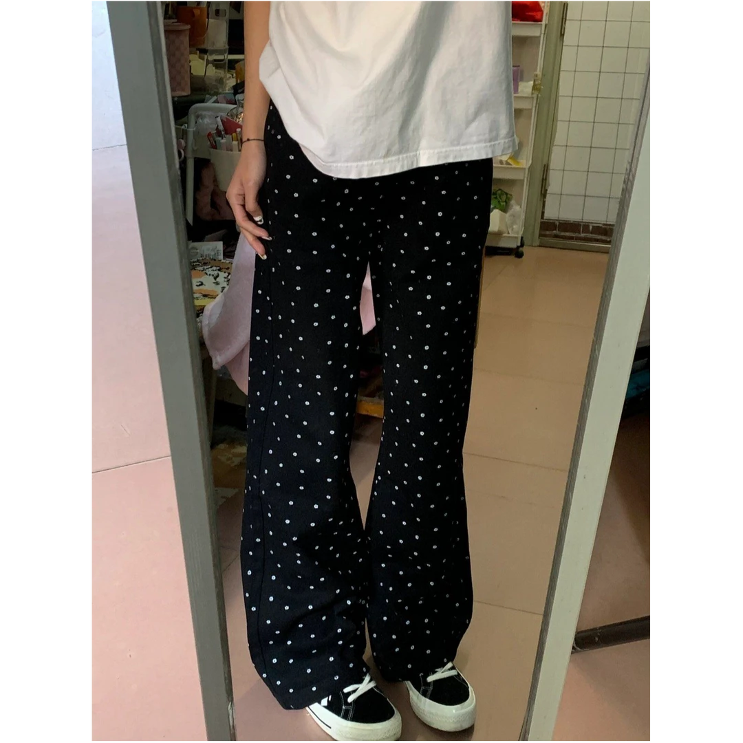 145小个子美式黑色碎花波点牛仔裤女高腰直筒宽松显瘦阔腿长裤潮