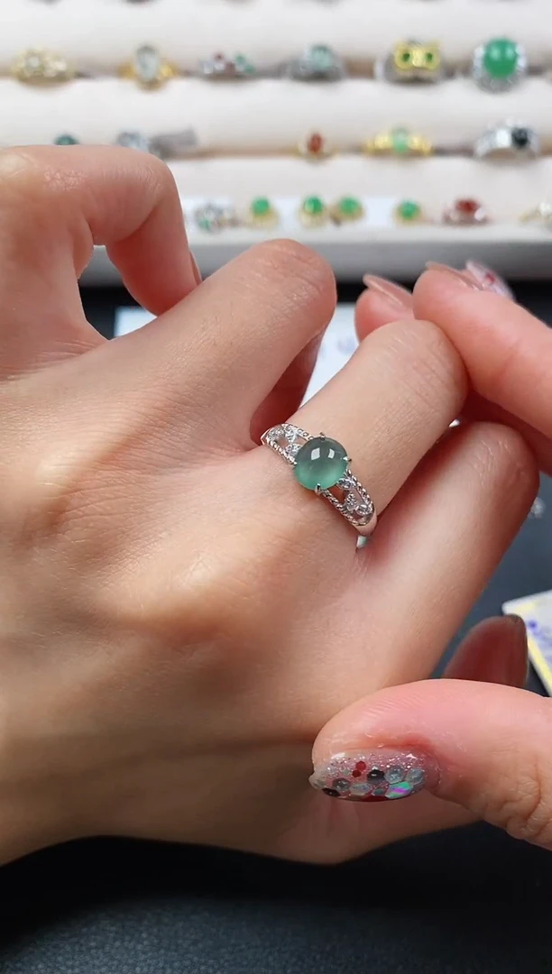 银S925镶嵌戒指翡翠天然缅甸A货翡翠22  8-