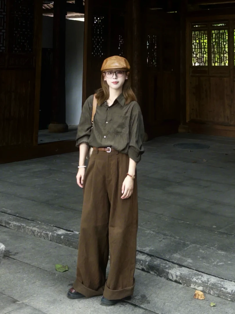 2025秋季新款高级感复古老钱风美拉德ootd穿搭衬衫阔腿裤两件套装