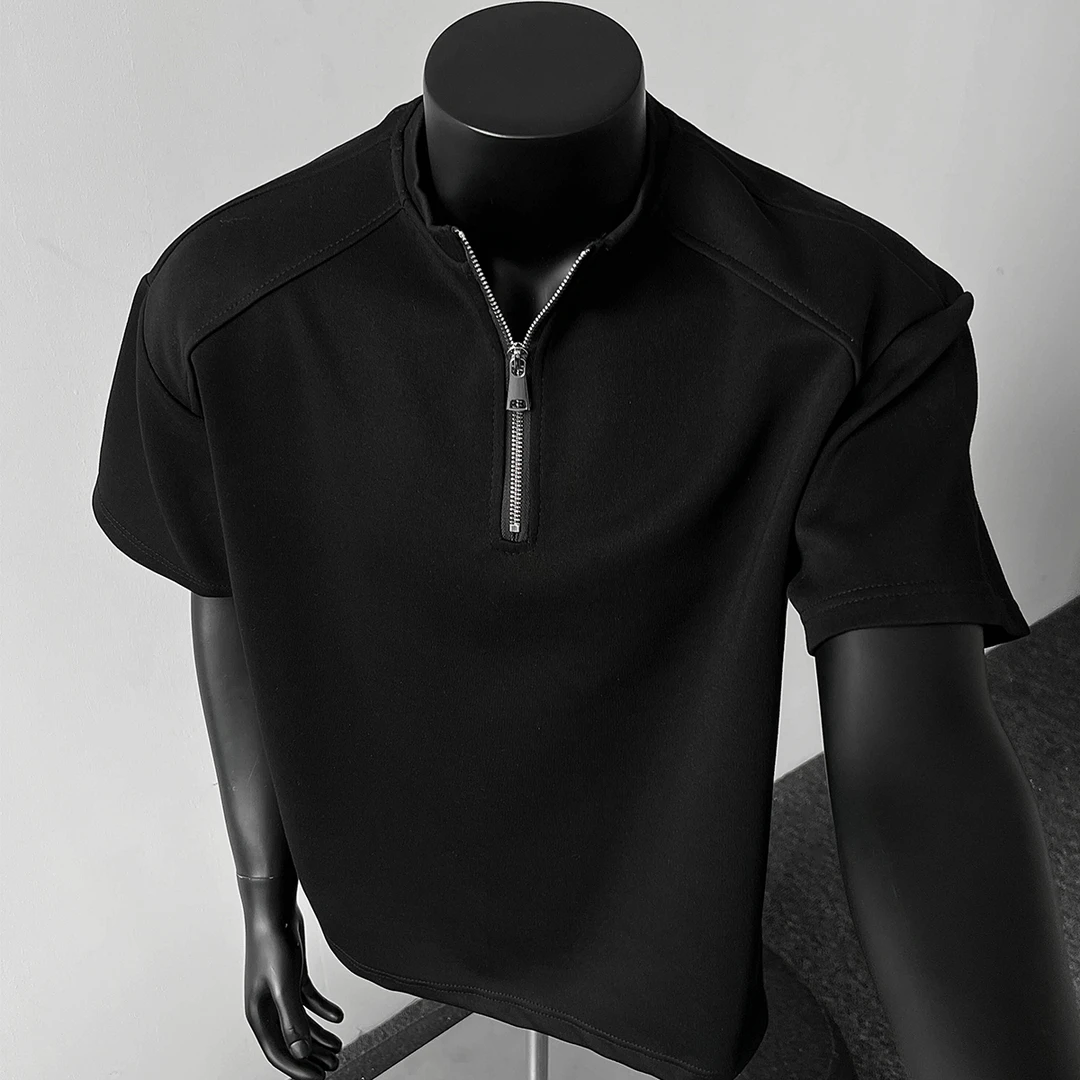 美式高街半拉链短袖T恤男夏季百搭解构设计感上衣宽松休闲体恤潮