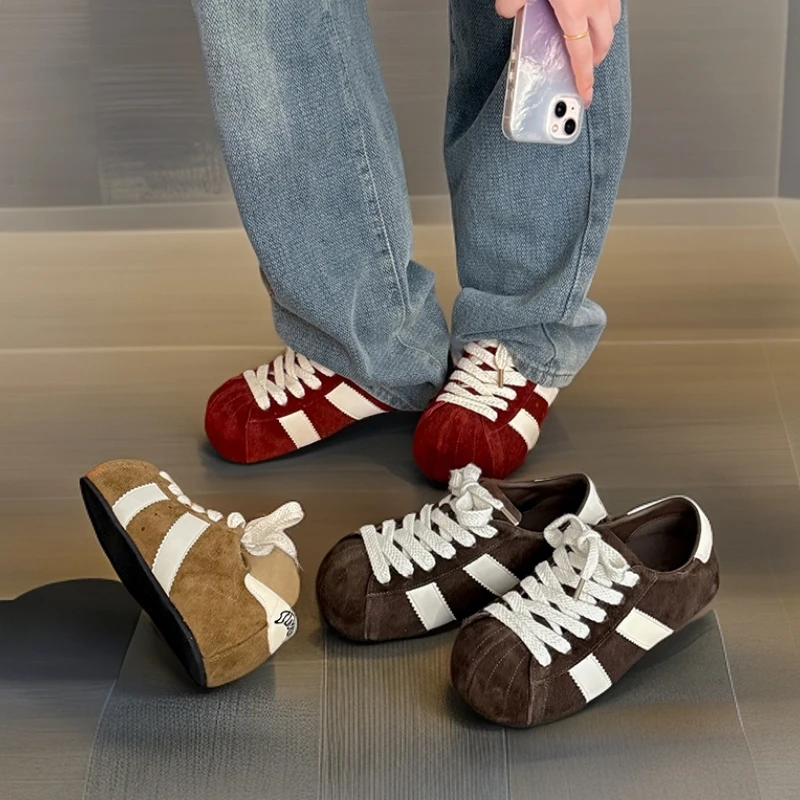 圆头休闲板鞋运动系带失序混搭风德训鞋时尚百搭拼色低帮厚底单鞋