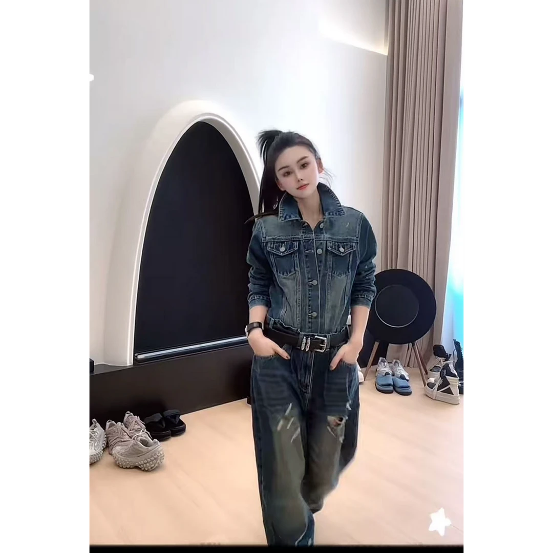 RUYIFASH牛仔磨破连体裤