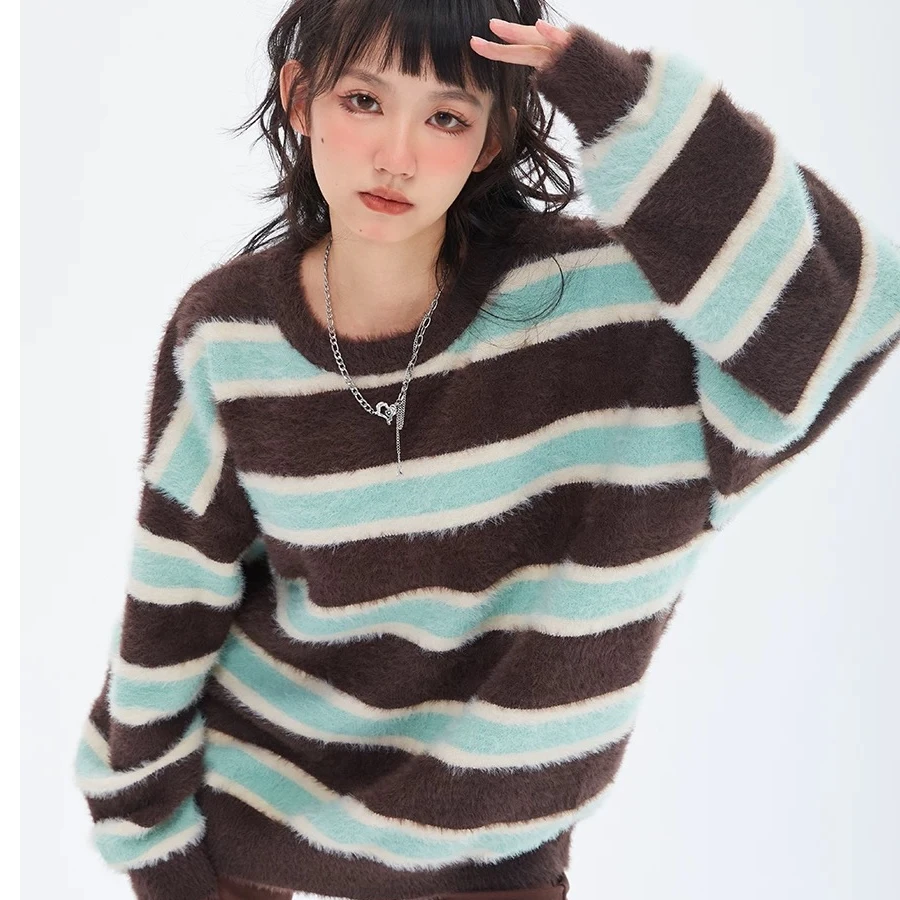 袖长条纹抗污耐脏薄款蝴蝶结新款毛衣圆领时尚加厚网红百搭