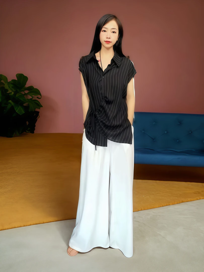 时尚优雅设计感宽松洋气轻奢休闲百搭气质无袖衬衫9142（黑色）