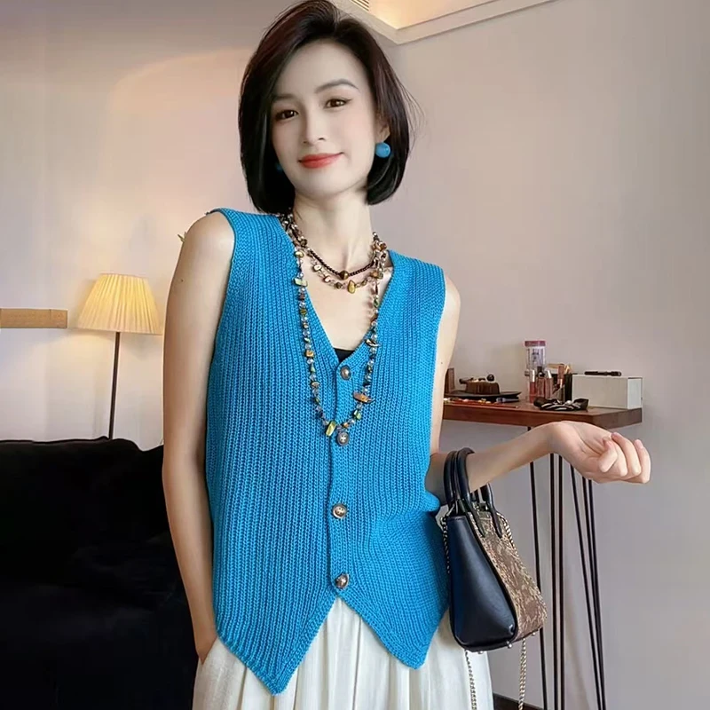 小香风冰丝糖果色背心显瘦设计感少女风复古通勤外搭针织衫