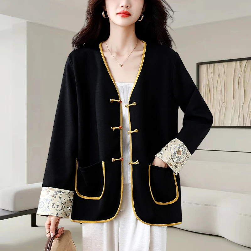 新中式国风盘扣拼色提花外套女士2025秋季新款高级感气质百搭上衣
