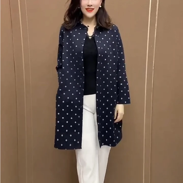 秋季新款polo领妈妈减龄波点长袖风衣外套中年女士宽松百搭显瘦装