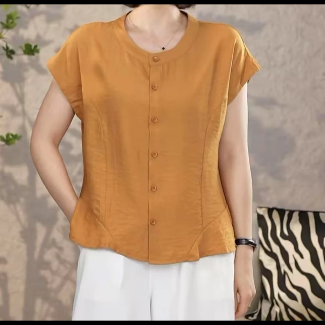 夏季新款时尚洋气圆领短袖法式减龄休闲百搭气质显瘦纯色优雅上衣