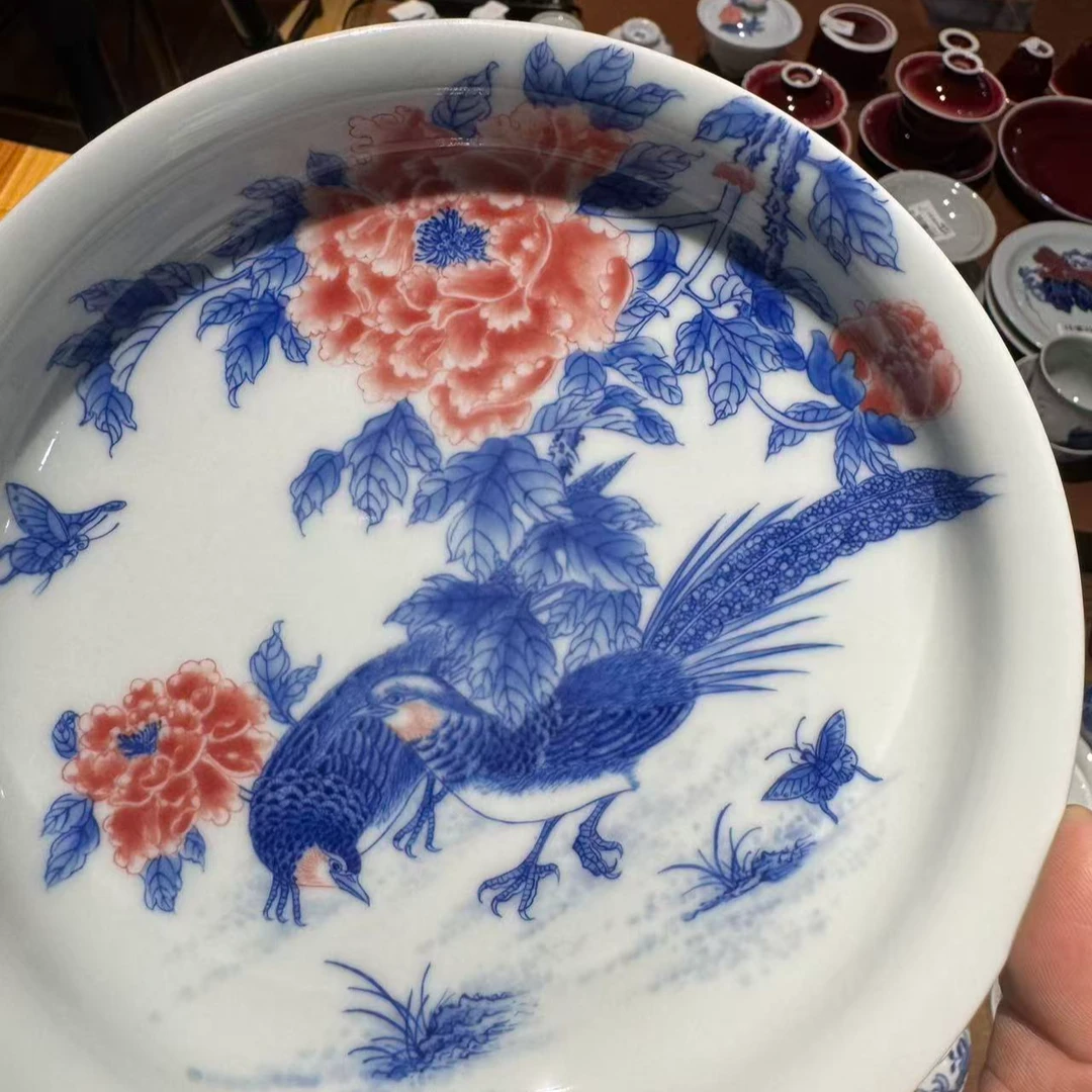 正春堂青花宝石红锦鸡牡丹花壶承（售后需完整开箱视频）