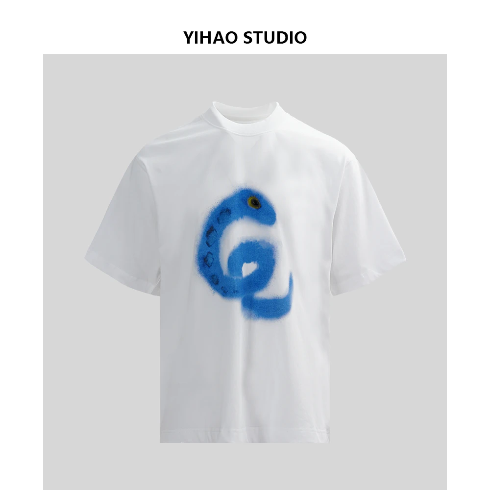YIHAO STUDIO夏季新款男士纯棉小蛇T恤半袖潮流宽松休闲白色短袖
