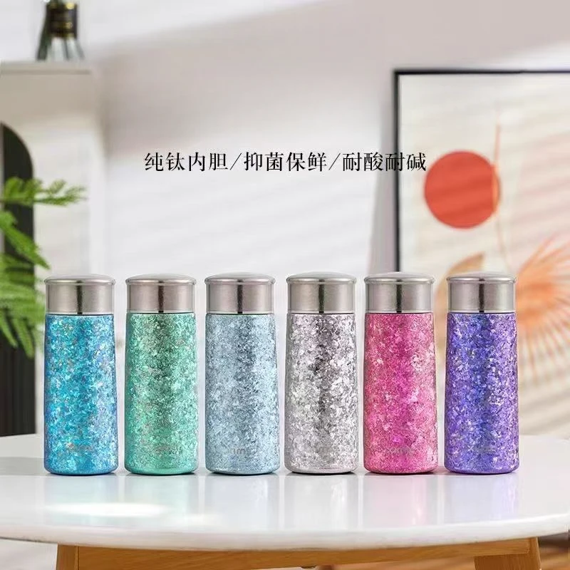 300ML纯钛大冰花带茶隔异形保温杯