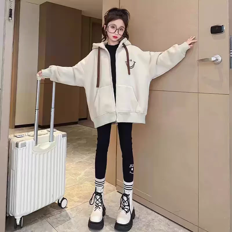 【清仓不退换】女童笑脸加绒连帽外套运动休闲开衫
