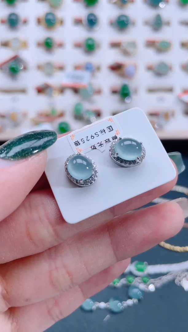 银S925镶嵌翡翠耳饰天然翡翠