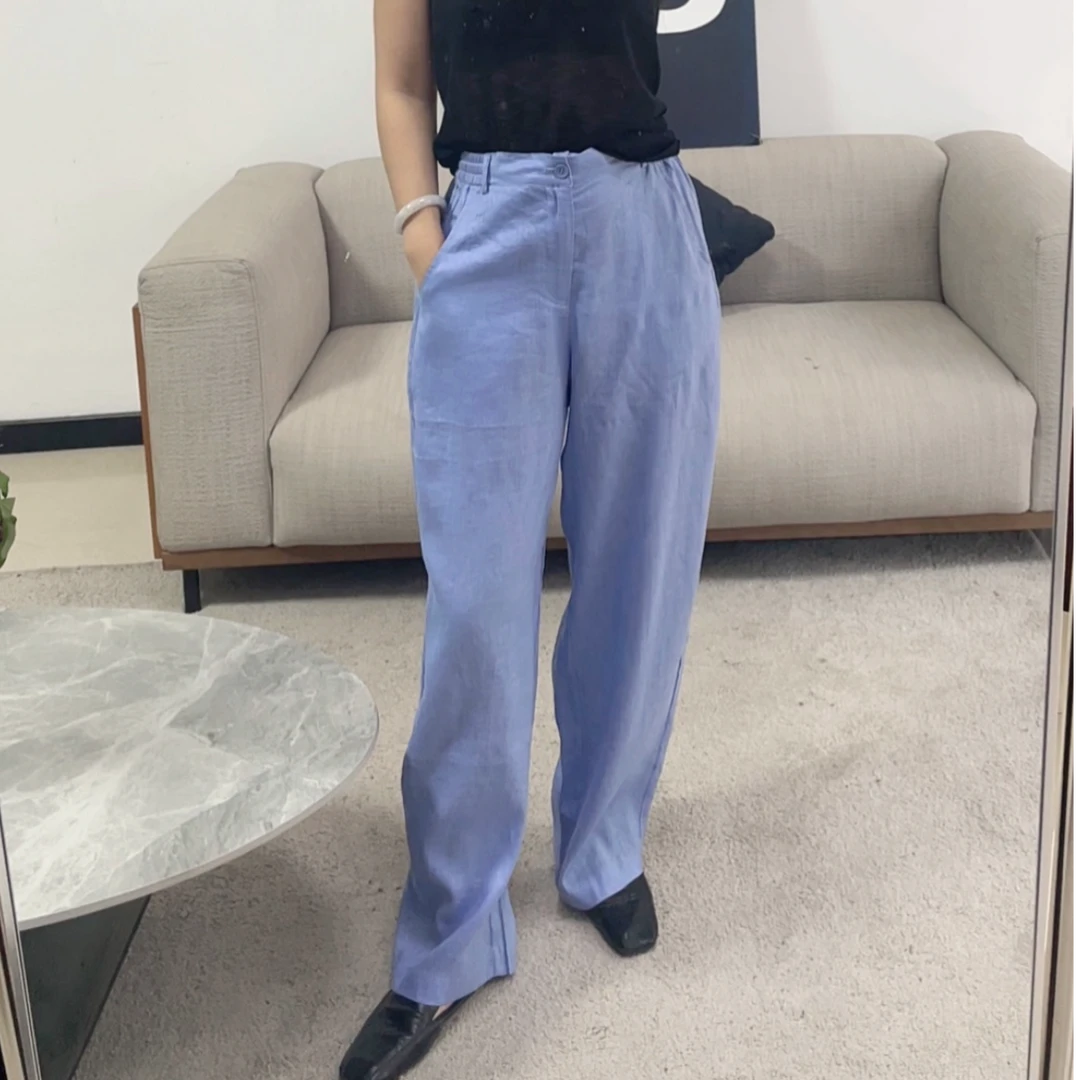 100%亚麻夏季多巴胺穿搭阔腿弯刀裤薄款休闲百搭长裤