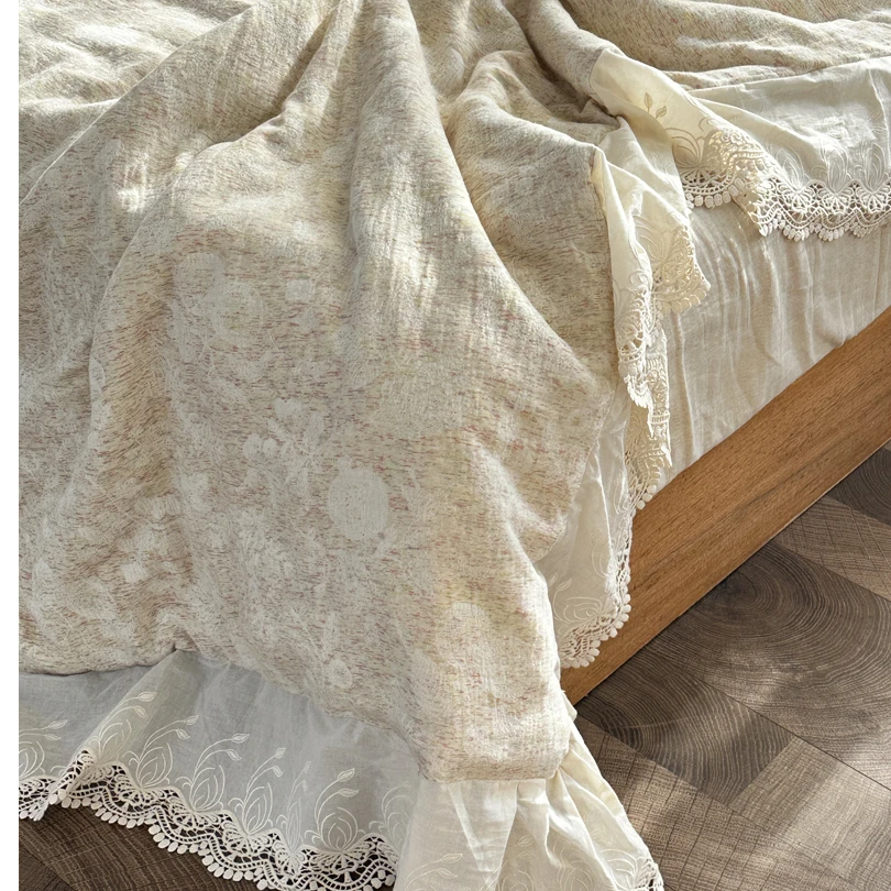 【超级红】彩虹漾-水绿 亚麻棉彩纱法式花边单夏被亲肤透气可机洗