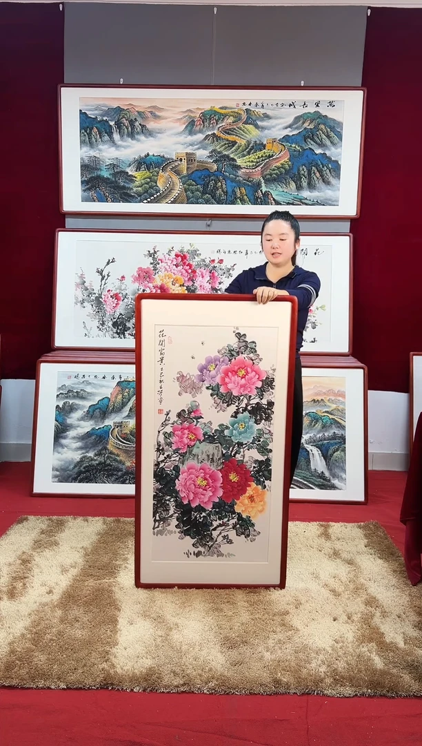 国画手绘牡丹123*63尺寸