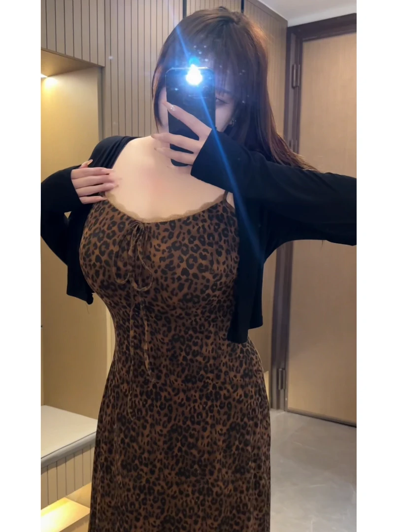 胖mm性感豹纹水墨印花吊带连衣裙女夏新款气质淑女超显瘦长裙套装