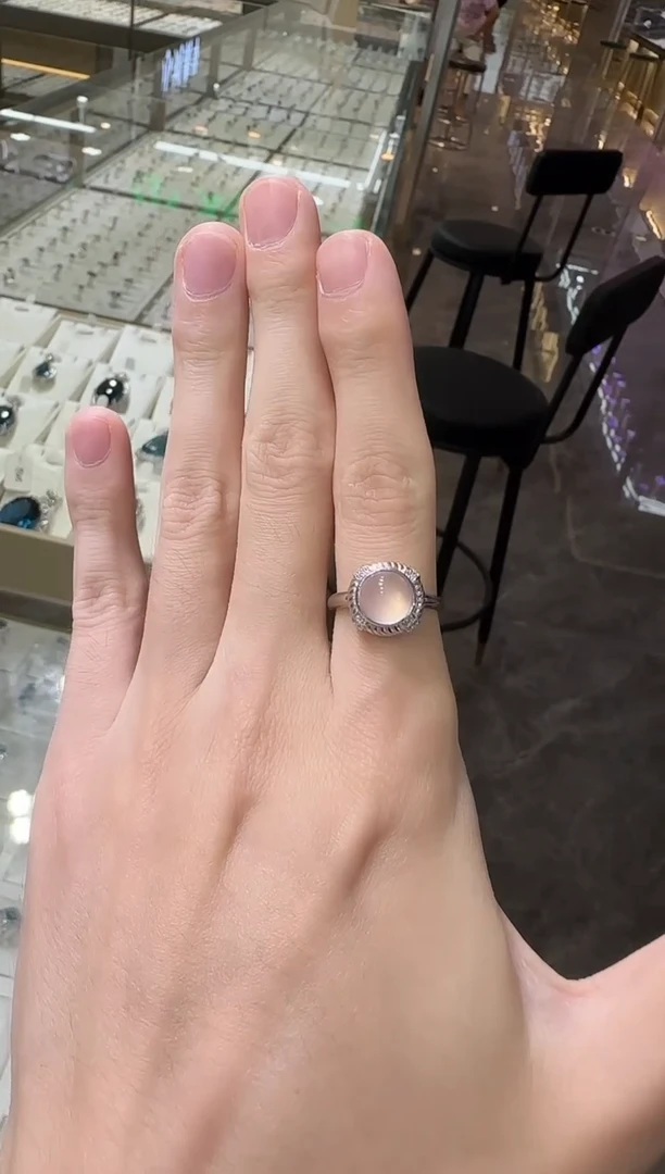芙蓉石戒指银S925镶嵌8mm简约星光粉水晶