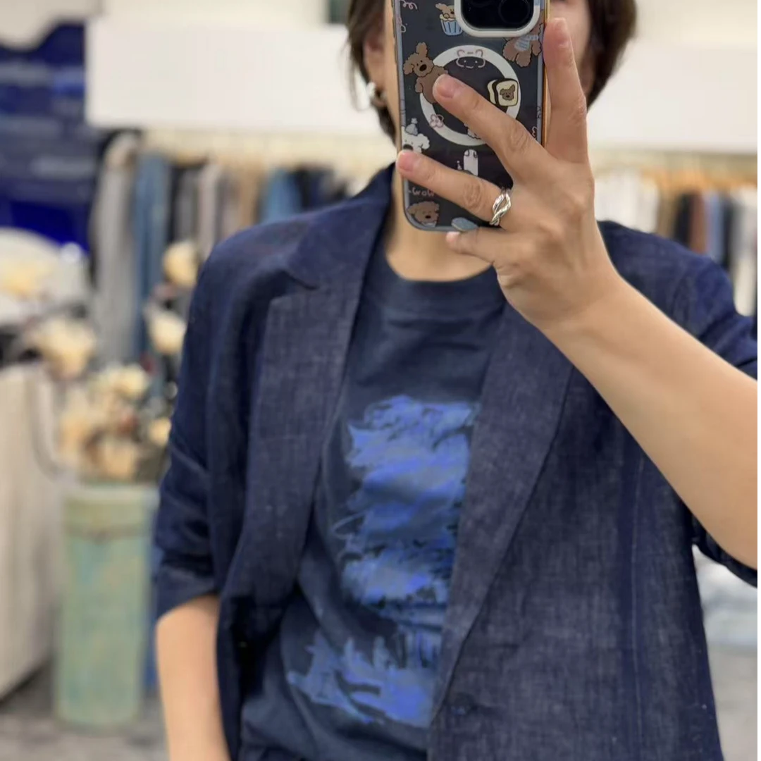 牛仔西装套装上衣半袖裤子休闲牛仔外套牛仔蓝修身帅气西服蓝色