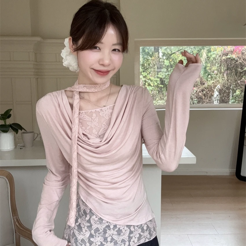 修身显瘦甜美蕾丝拼接假两件荡领别致T恤长袖打底衫