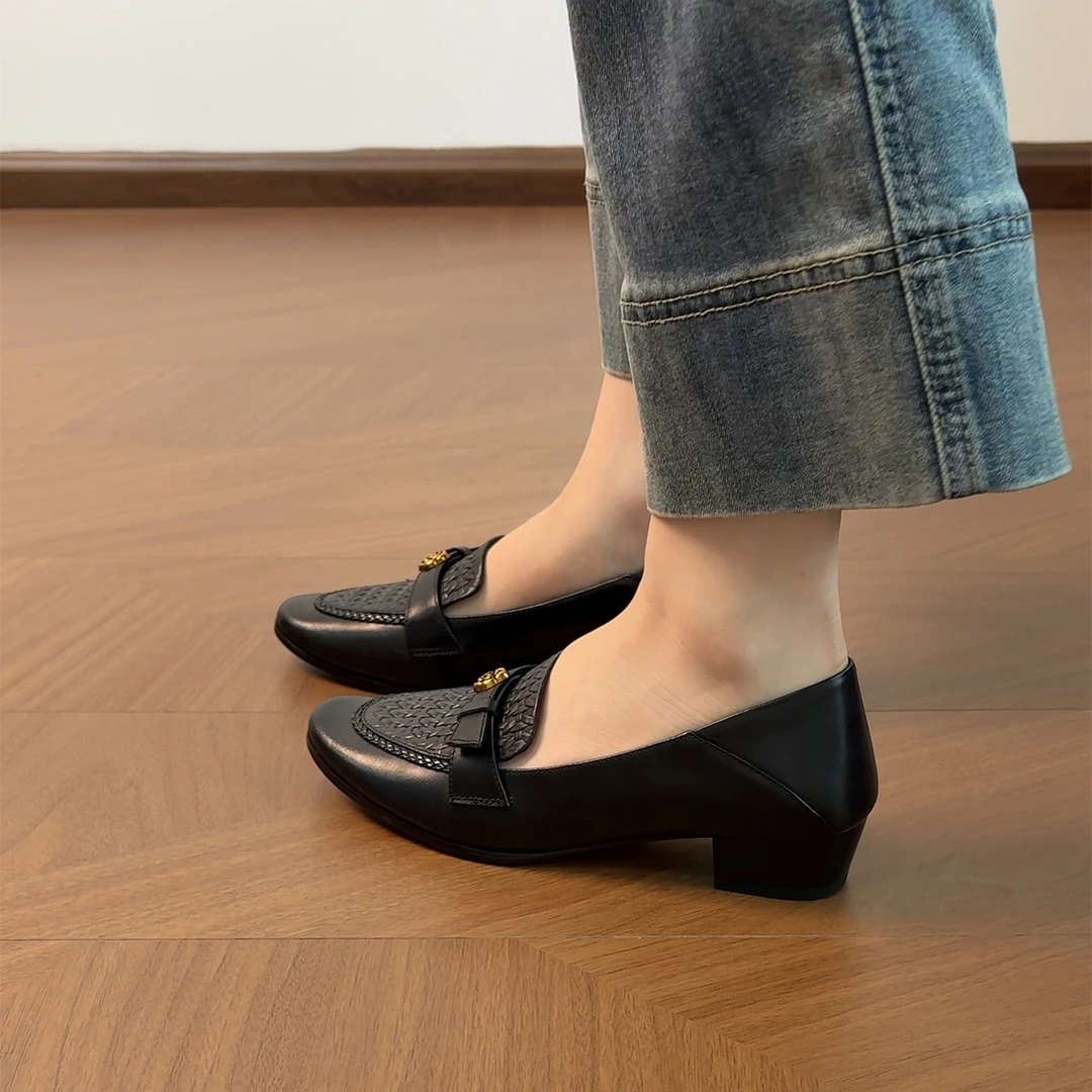 3cm/2597牛皮粗跟单鞋女春秋百搭真皮低跟乐福鞋英伦小皮鞋中跟