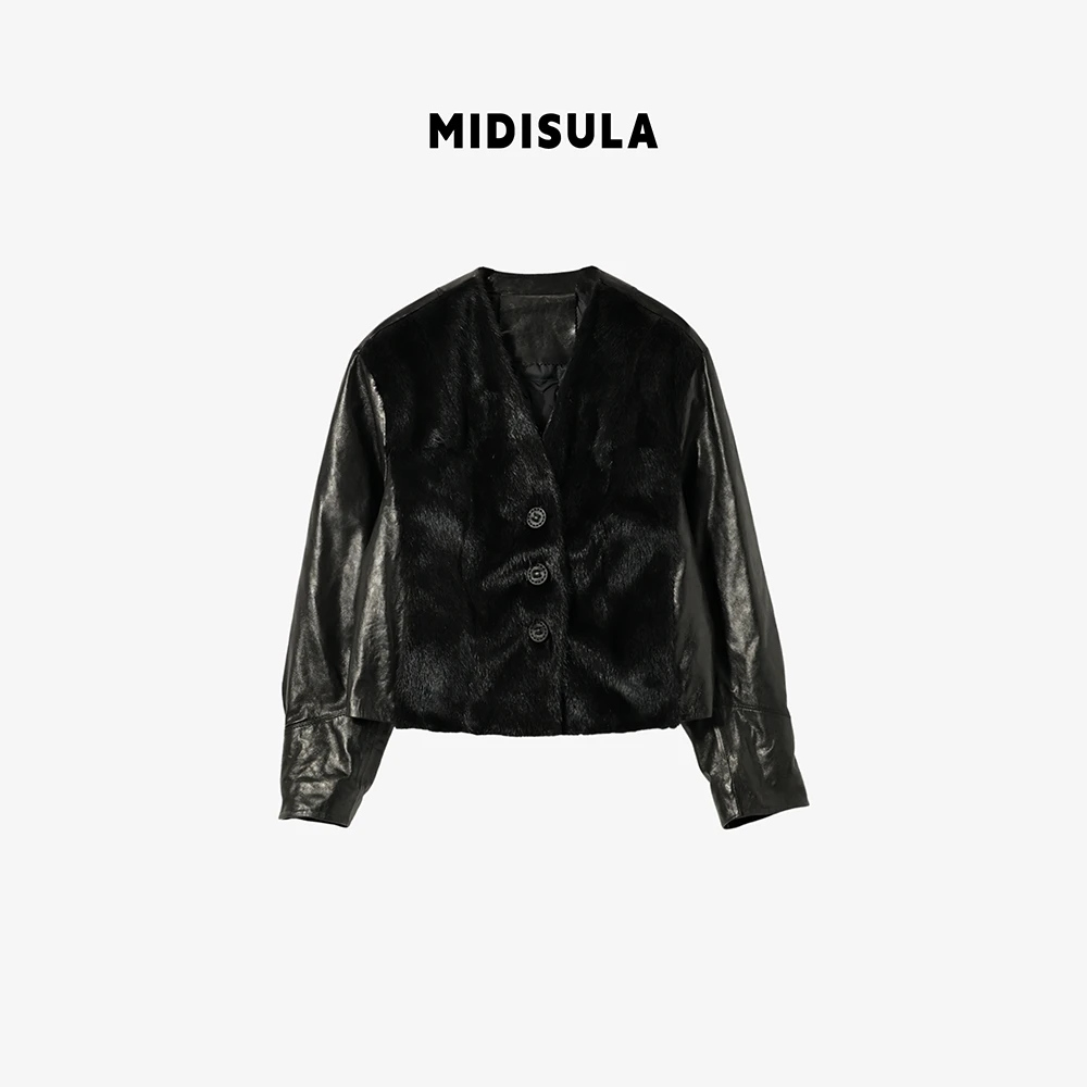 MDSL·秋冬欧美风时尚设计感水貂拼接鹅绒真皮皮衣外套#02607