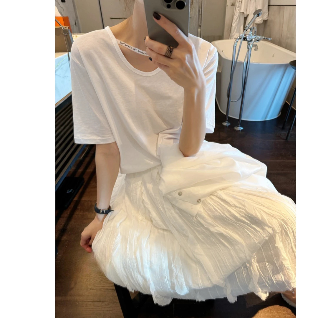 韩国夏季纯棉轻薄领口字母丝带装饰纯色白色短袖t恤女露肩不规则