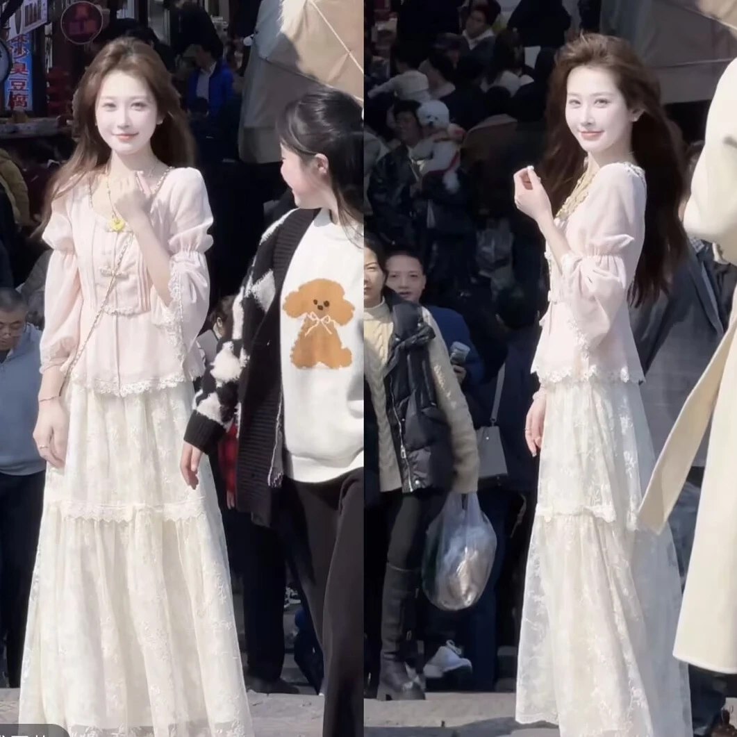 【桃花运】新中式国风温柔盘扣外套上衣高腰蕾丝半身裙女2025春季女