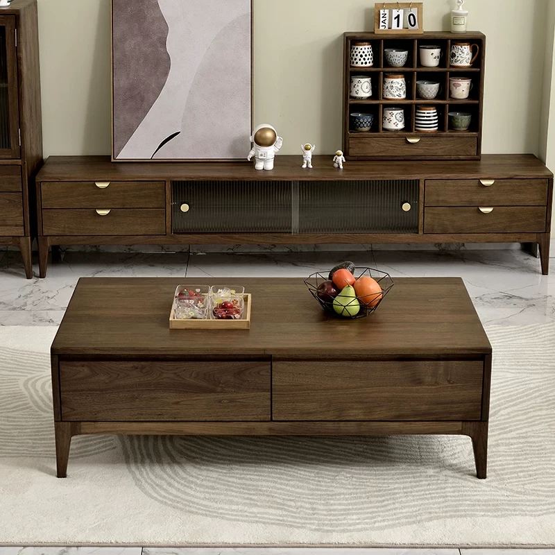 北美黑胡桃木茶几实木茶桌北欧长方形收纳储物茶台小户型家具客厅