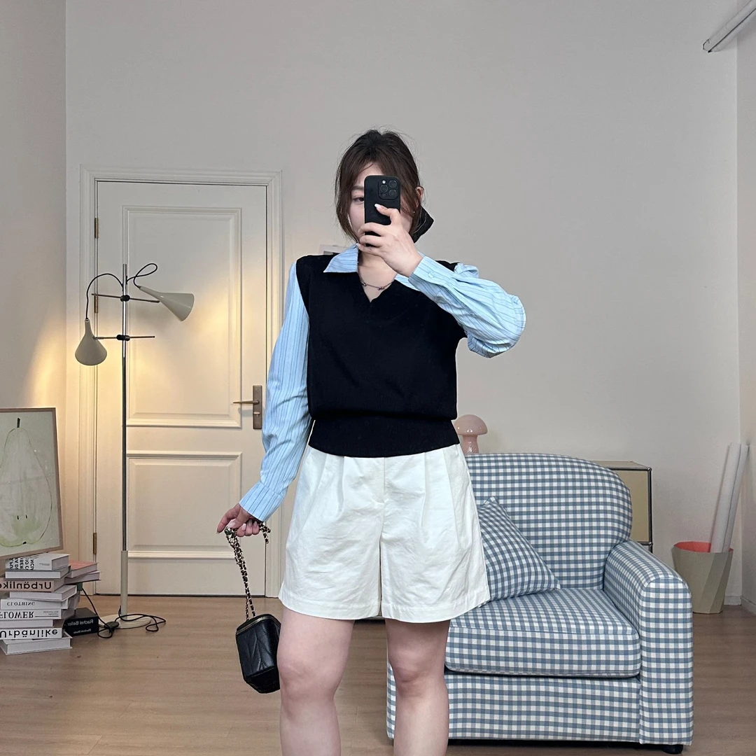 晶咕【风琴海】休闲百搭小众撞色拼接学院风假两件针织上衣