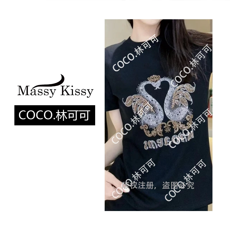 新款爱心天鹅烫钻T恤QYTB1275