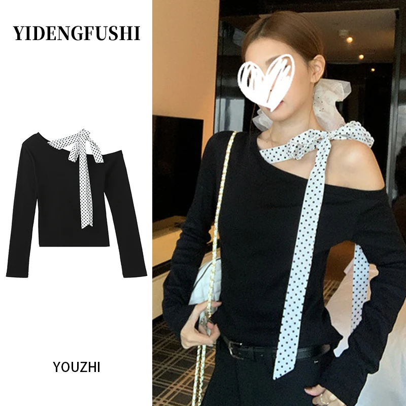 黑色斜肩内搭打底衫t恤女2025早秋韩系波点绑带修身绝美长袖上衣