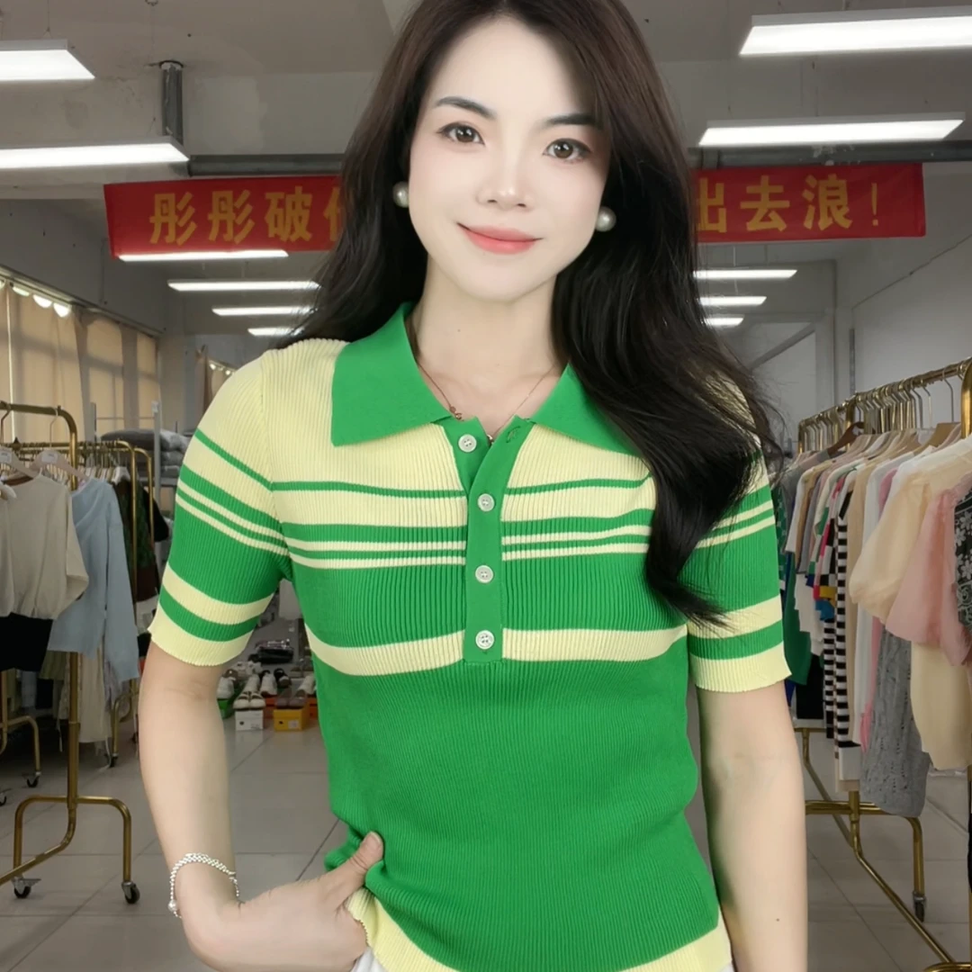 A024撞色小香风条纹针织衫短袖短款毛针织衫卡通风常规款