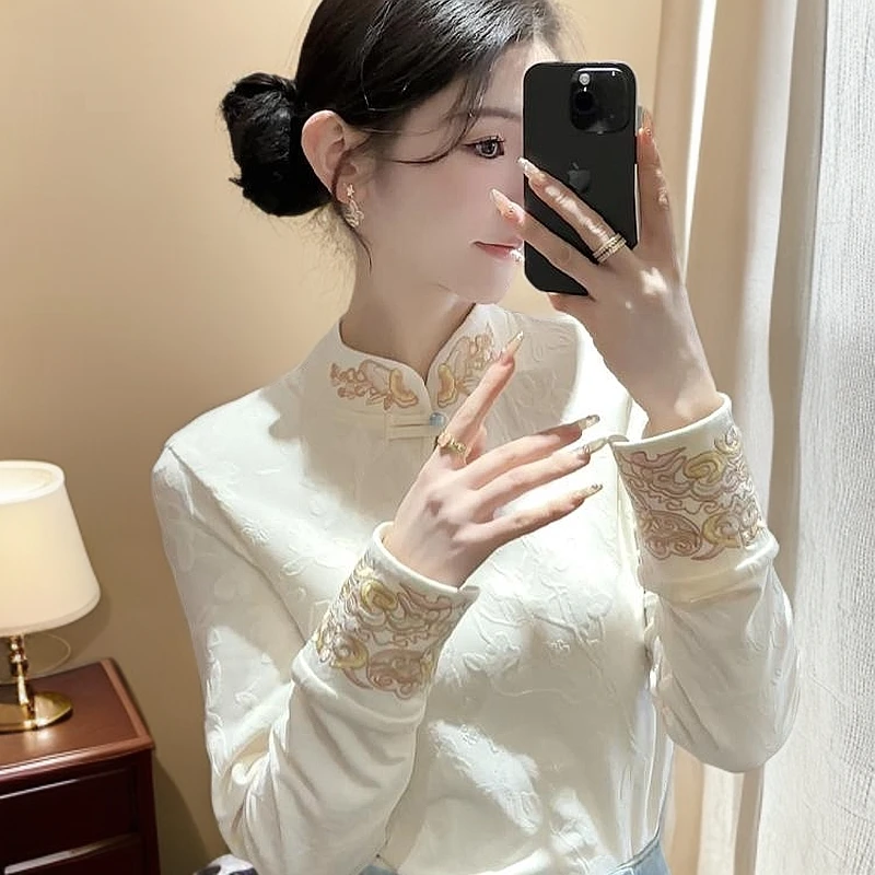 新中式2025春装新款时尚刺绣提花长袖T恤衫气质设计感小衫
