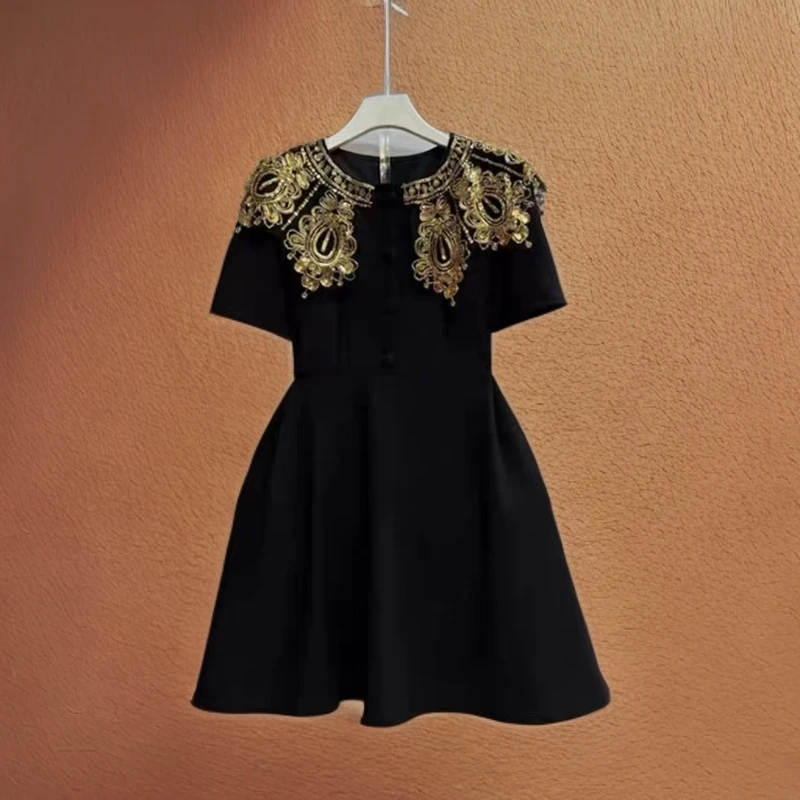 2025时尚拼色花朵立领收腰显瘦气质法式连衣裙7260