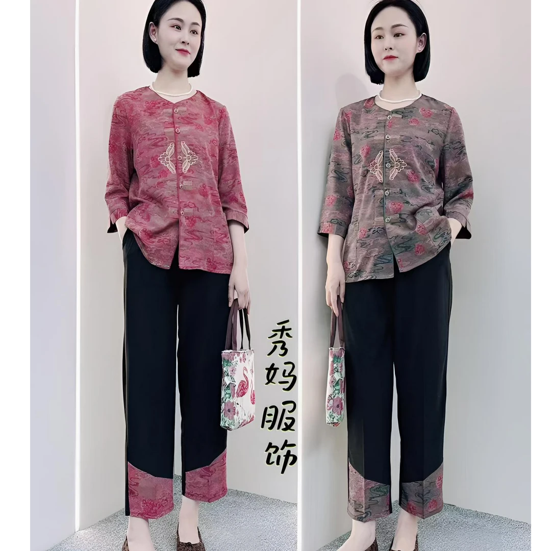 【秀妈】夏七分袖衬衫新中式中老年人女唐装妈妈装老人老太太套装女