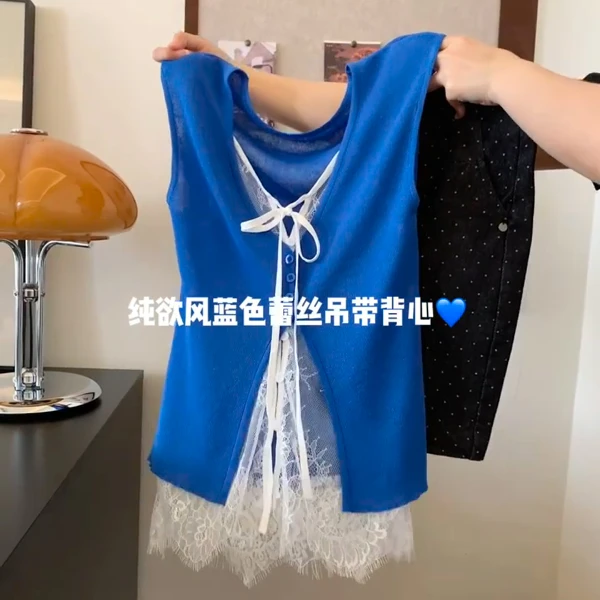 2025夏新款克莱因蓝蕾丝拼接蝴蝶结吊带性感无袖背心低胸V领上衣
