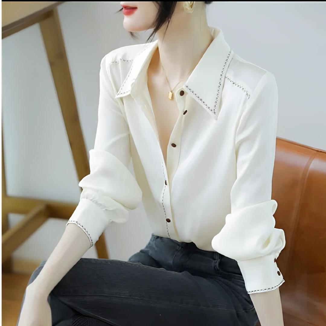 深圳南油桑蚕丝上衣女秋款百搭刺绣时尚白色职场重磅双桥锻衬衫