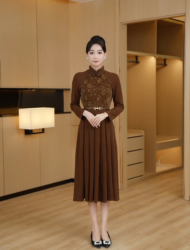 [水貂暖阳]秋冬新款气质显瘦时尚连衣裙高贵优雅