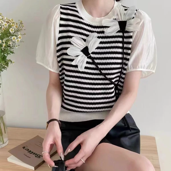 常规款宽松提花条纹薄款毛针织衫小众甜美蕾丝减龄