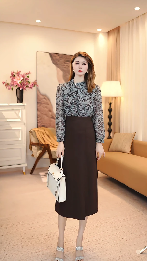 立领宫廷风轻职风碎花早秋唯美轻奢时尚连衣裙 86004