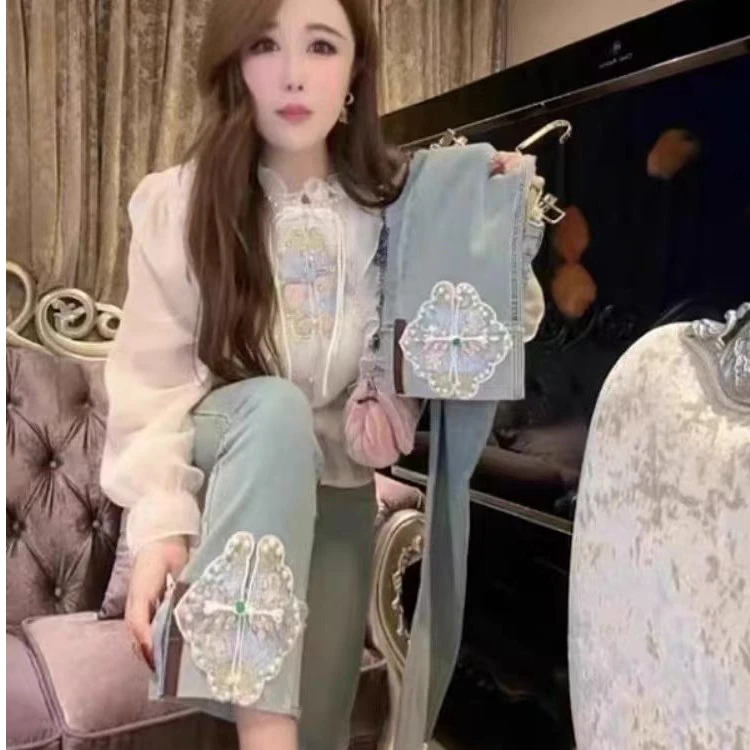 新中式烟管裤女2024新款春夏款爆款高腰刺绣国风直筒小个子牛仔裤
