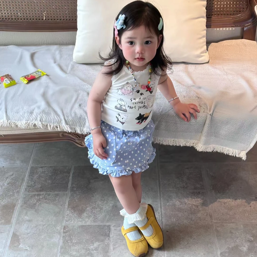 小惜亦萌娃穿搭女童套装夏季木耳边白色卡通背心波点半裙洋气童装
