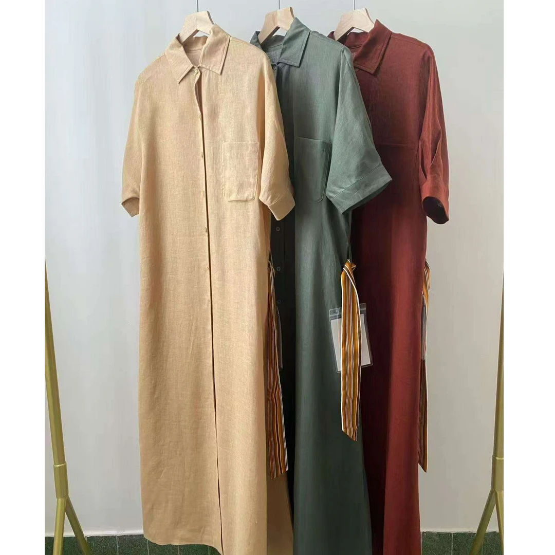 【子溪说衣】LP 亚麻翻领撞色腰带衬衫连衣长裙DGPP-ly261