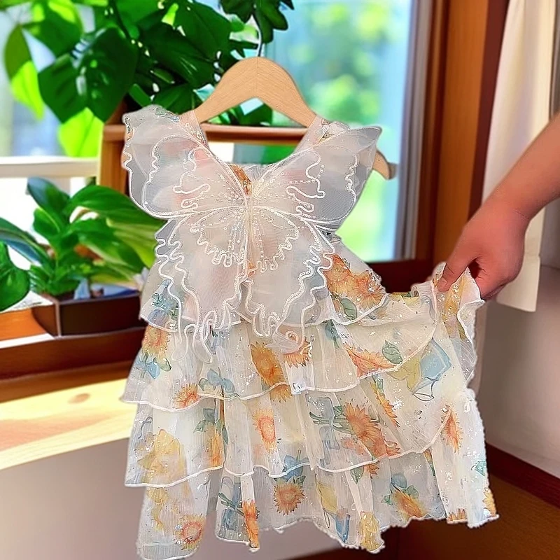 【H1579】2025新款向日葵蛋糕蝴蝶女童春款公主裙网红儿童公主裙