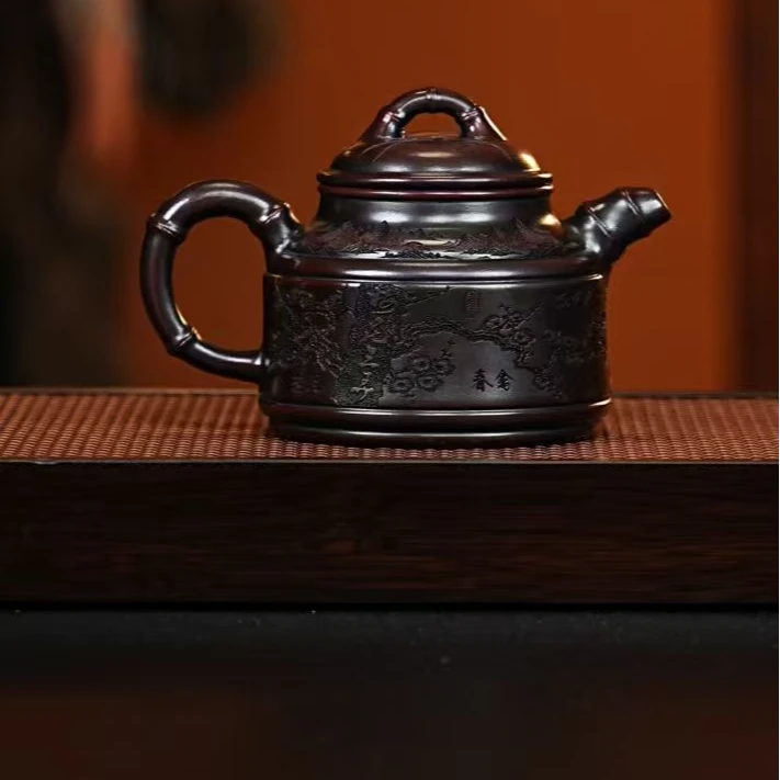 宜兴紫砂 双线竹鼓 龙山古乌泥 范传梅 h667